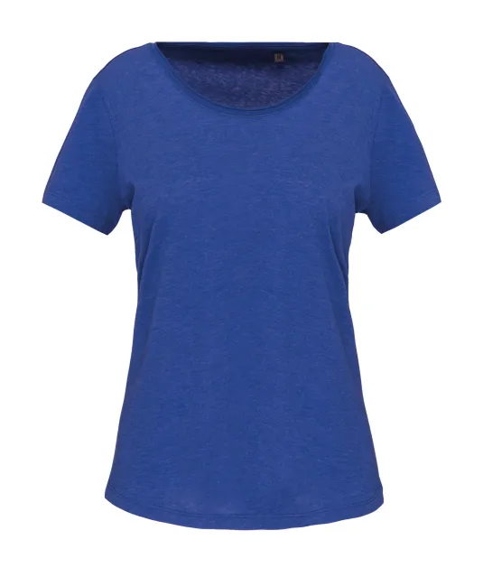 K399 - Bio dames-t-shirt kraag met onafgewerkte rand korte mouwen Ocean Blue Heather