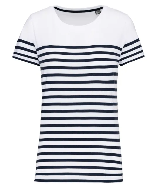 K3034 - Marine-t-shirt ronde hals Bio dames White / Navy Stripes