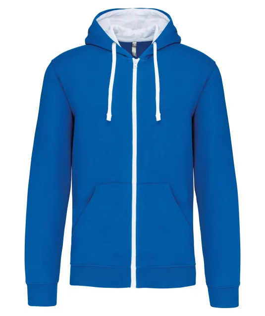K466 - Herensweater met rits en capuchon in contrasterende kleur Light Royal Blue / White