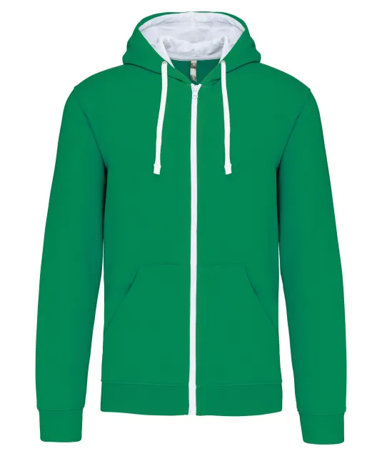 K466 - Herensweater met rits en capuchon in contrasterende kleur Light Kelly Green / White