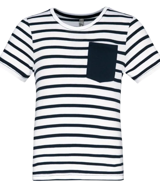 K379 - Gestreept T-shirt met zak en korte mouwen kids White / Navy Stripes