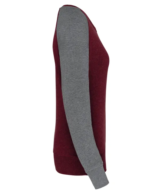 K492 - Tweekleurige damessweater French Terry BIO ronde hals raglanmouwen Wine Heather / Grey Heather