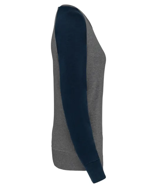 K492 - Tweekleurige damessweater French Terry BIO ronde hals raglanmouwen Grey Heather / Navy