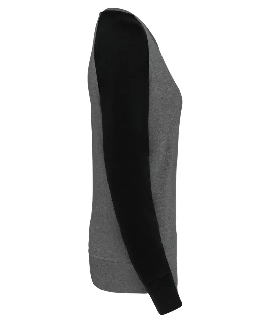 K492 - Tweekleurige damessweater French Terry BIO ronde hals raglanmouwen Grey Heather / Black