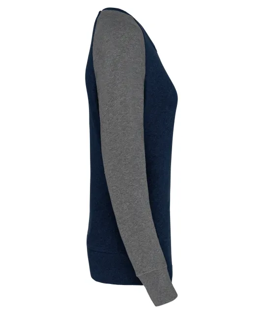 K492 - Tweekleurige damessweater French Terry BIO ronde hals raglanmouwen French Navy Heather / Grey Heather