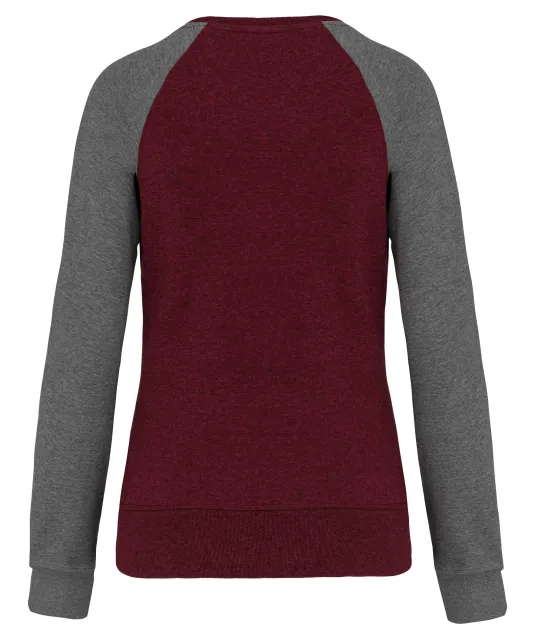 K492 - Tweekleurige damessweater French Terry BIO ronde hals raglanmouwen Wine Heather / Grey Heather