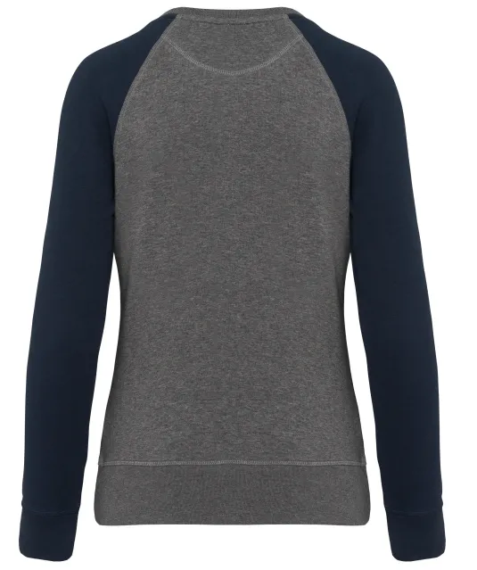 K492 - Tweekleurige damessweater French Terry BIO ronde hals raglanmouwen Grey Heather / Navy