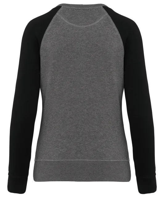 K492 - Tweekleurige damessweater French Terry BIO ronde hals raglanmouwen Grey Heather / Black