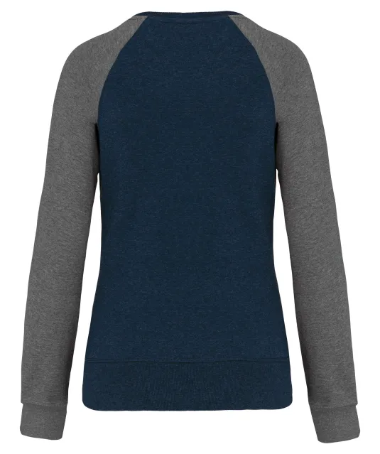 K492 - Tweekleurige damessweater French Terry BIO ronde hals raglanmouwen French Navy Heather / Grey Heather