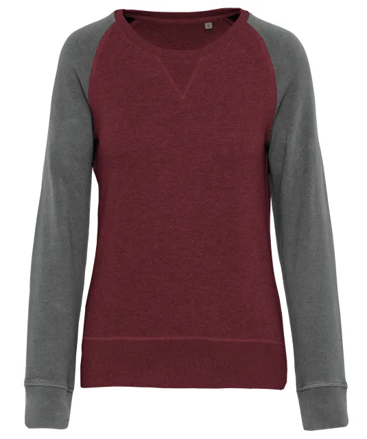 K492 - Tweekleurige damessweater French Terry BIO ronde hals raglanmouwen Wine Heather / Grey Heather
