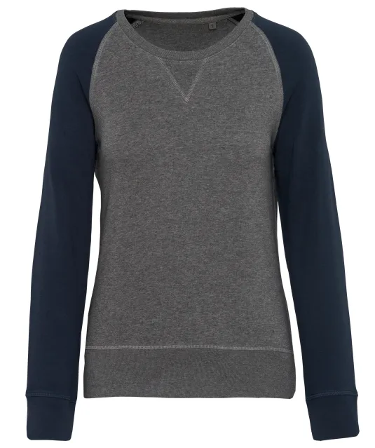 K492 - Tweekleurige damessweater French Terry BIO ronde hals raglanmouwen Grey Heather / Navy