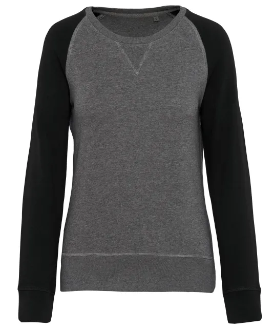 K492 - Tweekleurige damessweater French Terry BIO ronde hals raglanmouwen Grey Heather / Black