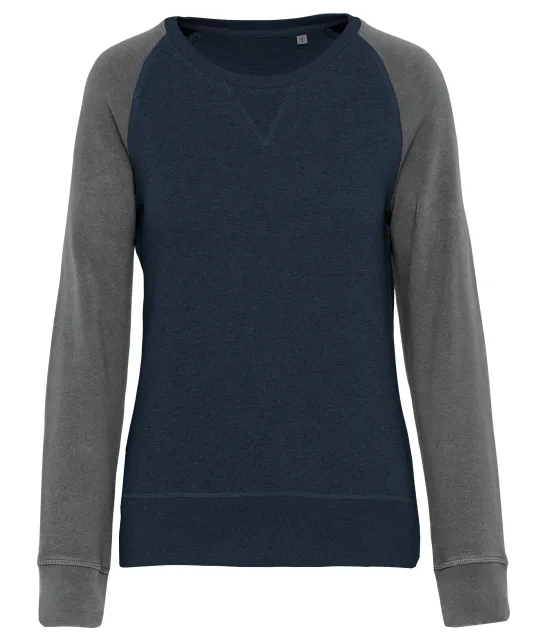 K492 - Tweekleurige damessweater French Terry BIO ronde hals raglanmouwen French Navy Heather / Grey Heather