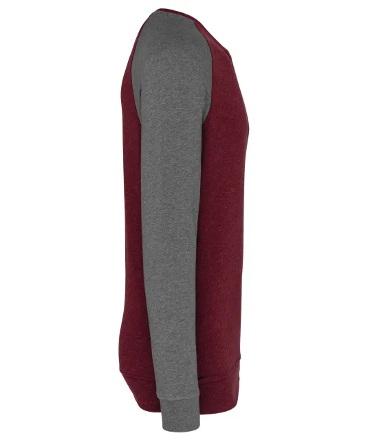 K491 - Tweekleurige herensweater BIO French Terry ronde hals raglanmouwen Wine Heather / Grey Heather