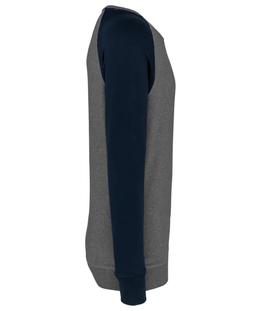 K491 - Tweekleurige herensweater BIO French Terry ronde hals raglanmouwen Grey Heather / Navy