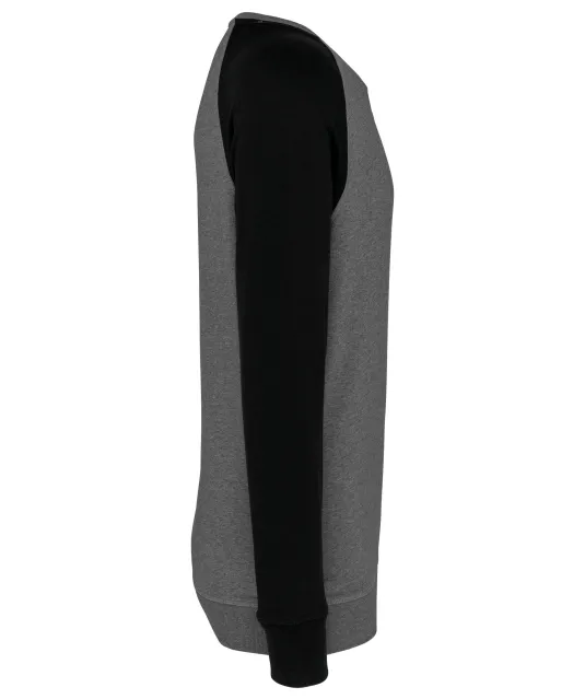 K491 - Tweekleurige herensweater BIO French Terry ronde hals raglanmouwen Grey Heather / Black