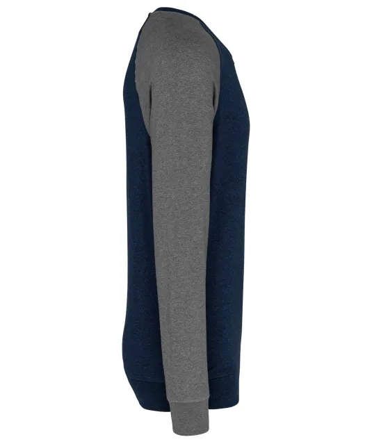 K491 - Tweekleurige herensweater BIO French Terry ronde hals raglanmouwen French Navy Heather / Grey Heather