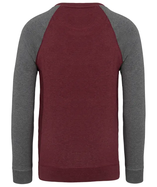 K491 - Tweekleurige herensweater BIO French Terry ronde hals raglanmouwen Wine Heather / Grey Heather