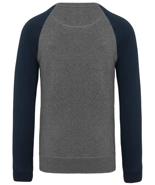 K491 - Tweekleurige herensweater BIO French Terry ronde hals raglanmouwen Grey Heather / Navy