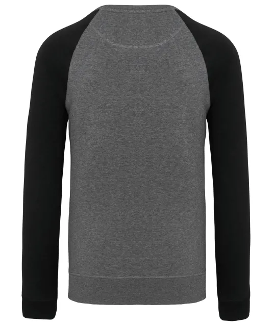 K491 - Tweekleurige herensweater BIO French Terry ronde hals raglanmouwen Grey Heather / Black