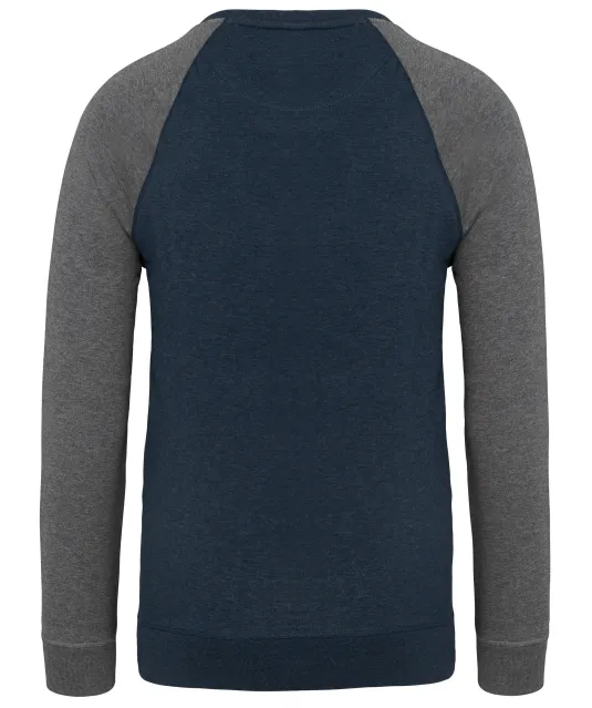 K491 - Tweekleurige herensweater BIO French Terry ronde hals raglanmouwen French Navy Heather / Grey Heather