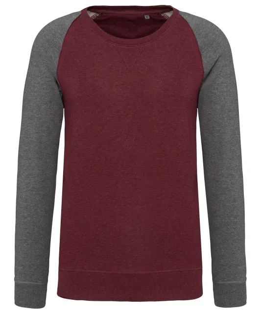 K491 - Tweekleurige herensweater BIO French Terry ronde hals raglanmouwen Wine Heather / Grey Heather