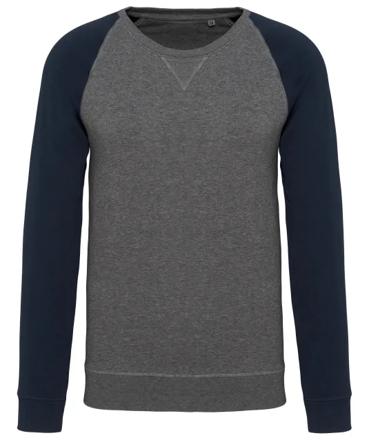 K491 - Tweekleurige herensweater BIO French Terry ronde hals raglanmouwen Grey Heather / Navy