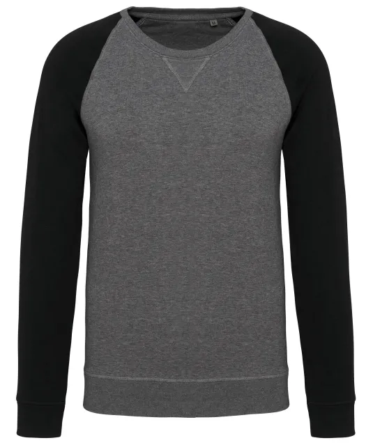 K491 - Tweekleurige herensweater BIO French Terry ronde hals raglanmouwen Grey Heather / Black