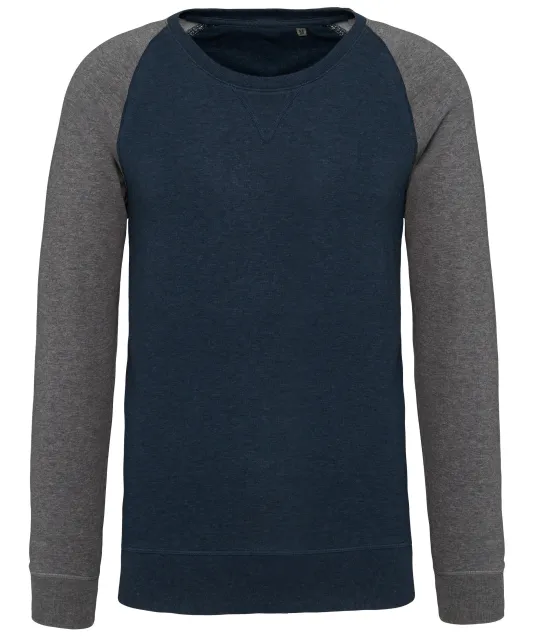 K491 - Tweekleurige herensweater BIO French Terry ronde hals raglanmouwen French Navy Heather / Grey Heather