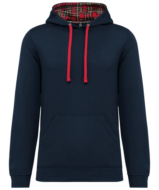 K4013 - Unisex sweater met capuchon met contrasterend motief Navy / Red Tartan