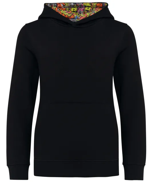 K4014 - Unisex kindersweater met contrasterende capuchon met motief Black / Skate Graffiti