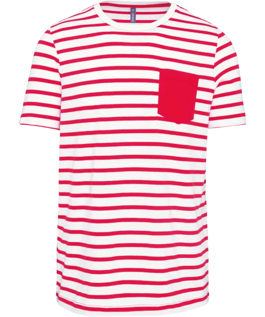 K378 - Gestreept T-shirt met zak en korte mouwen White / Red Stripe