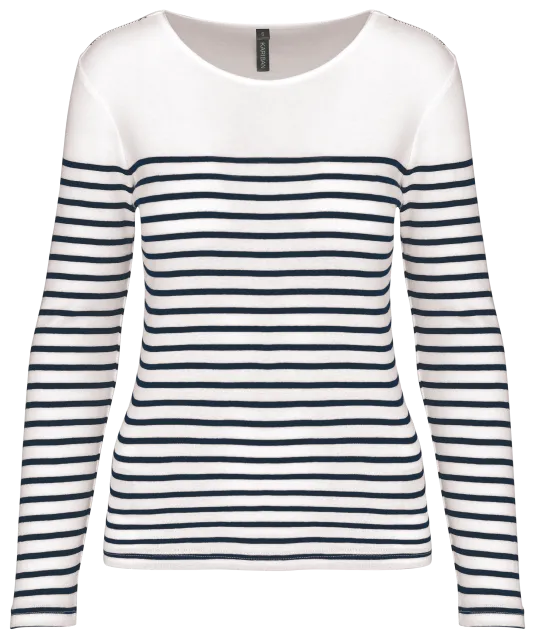 K386 - Gestreept dames-t-shirt lange mouwen White / Navy Stripes