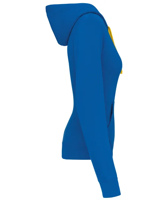K465 - Damessweater met capuchon in contrasterende kleur Light Royal Blue / Yellow