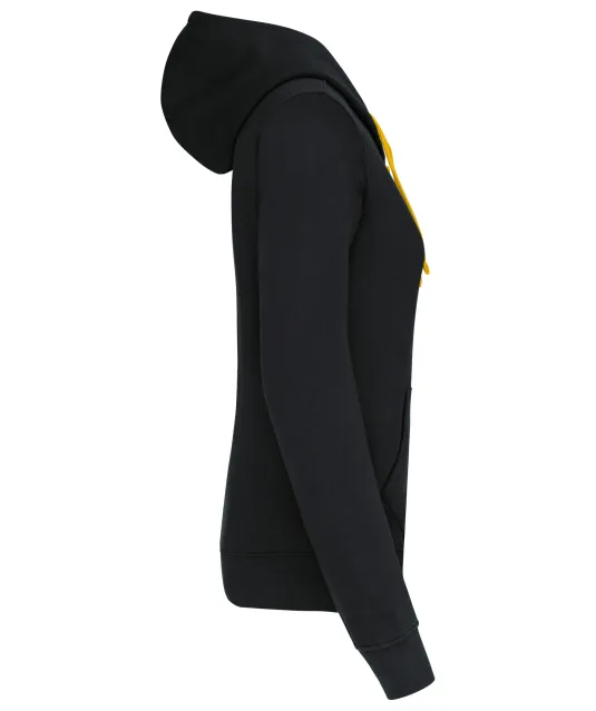 K465 - Damessweater met capuchon in contrasterende kleur Black / Yellow