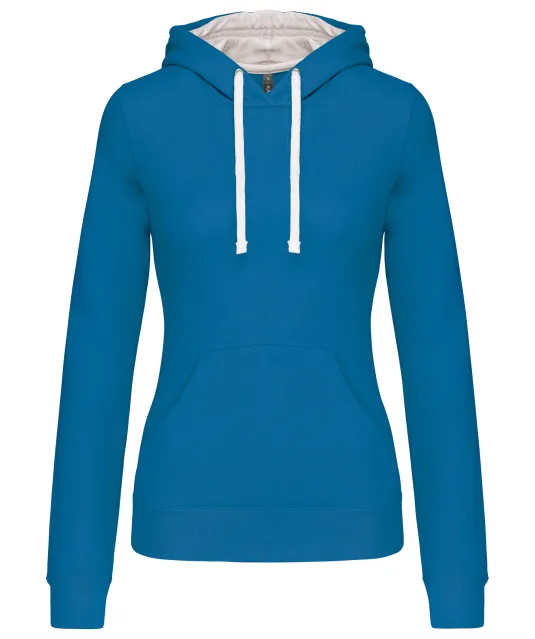 K465 - Damessweater met capuchon in contrasterende kleur Tropical Blue / White