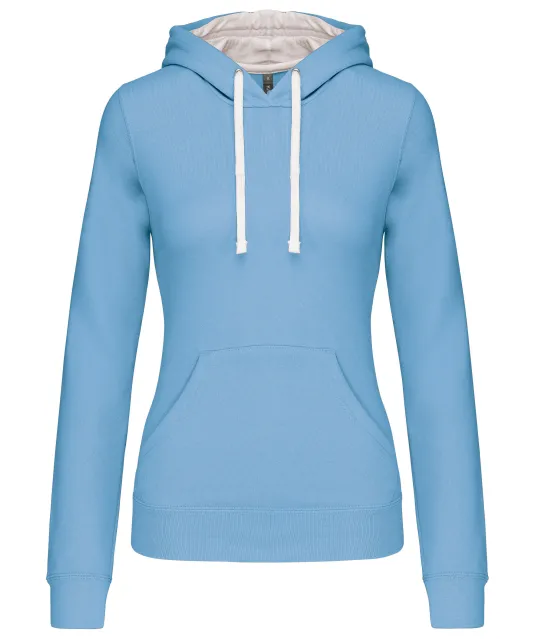 K465 - Damessweater met capuchon in contrasterende kleur Sky Blue / White