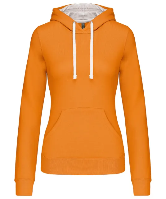 K465 - Damessweater met capuchon in contrasterende kleur Orange / White