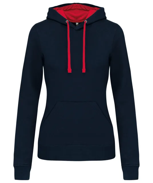 K465 - Damessweater met capuchon in contrasterende kleur Navy / Red