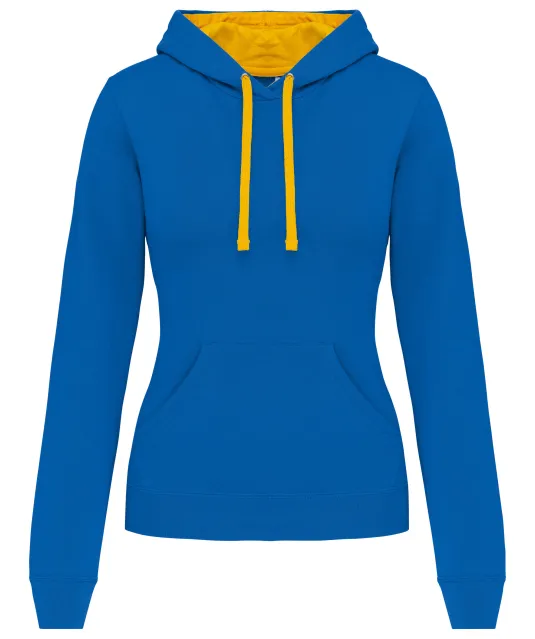 K465 - Damessweater met capuchon in contrasterende kleur Light Royal Blue / Yellow