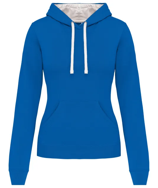 K465 - Damessweater met capuchon in contrasterende kleur Light Royal Blue / White