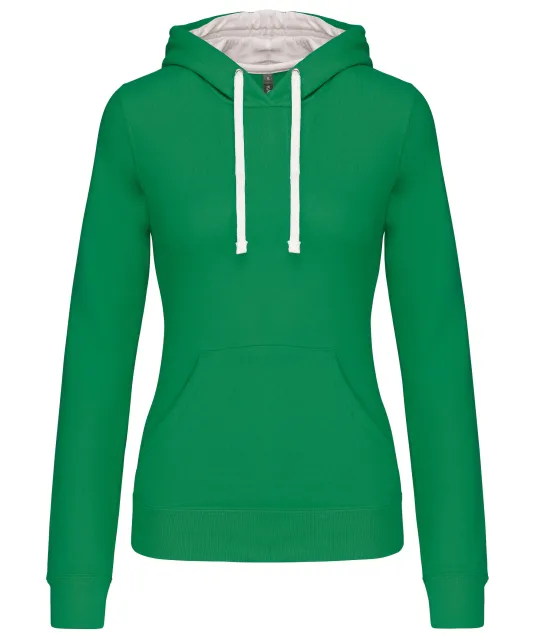 K465 - Damessweater met capuchon in contrasterende kleur Light Kelly Green / White