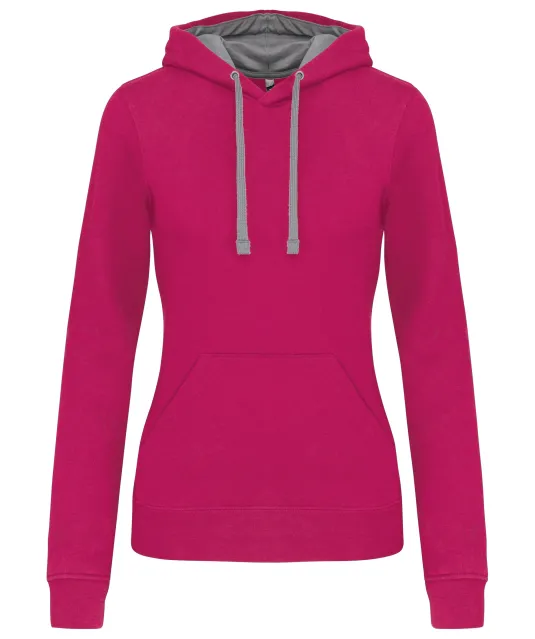 K465 - Damessweater met capuchon in contrasterende kleur Fuchsia / Fine Grey