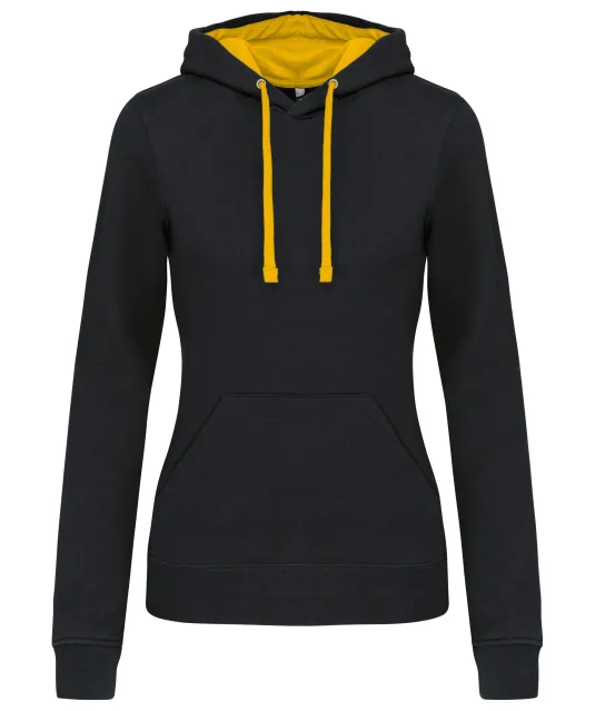 K465 - Damessweater met capuchon in contrasterende kleur Black / Yellow