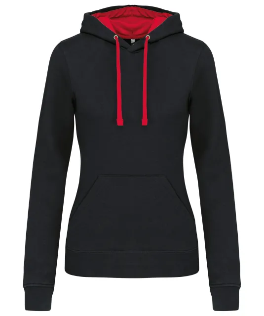 K465 - Damessweater met capuchon in contrasterende kleur Black / Red