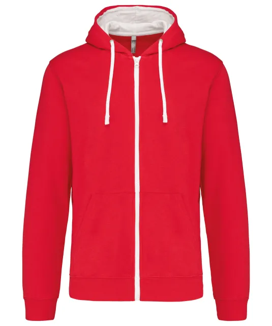 K466 - Herensweater met rits en capuchon in contrasterende kleur Red / White