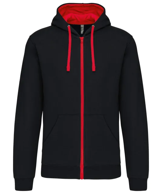 K466 - Herensweater met rits en capuchon in contrasterende kleur Black / Red