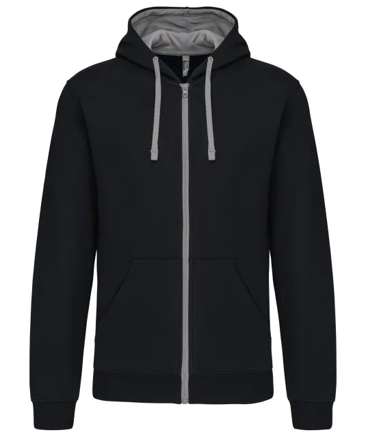 K466 - Herensweater met rits en capuchon in contrasterende kleur Black / Fine Grey
