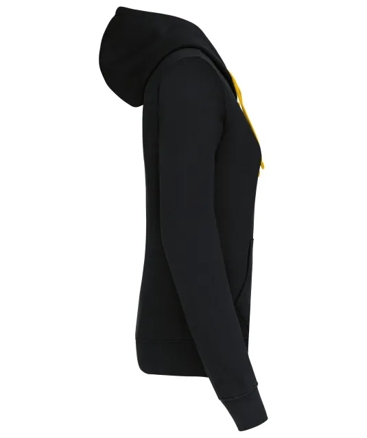 K467 - Damessweater met rits en capuchon in contrasterende kleur Black / Yellow