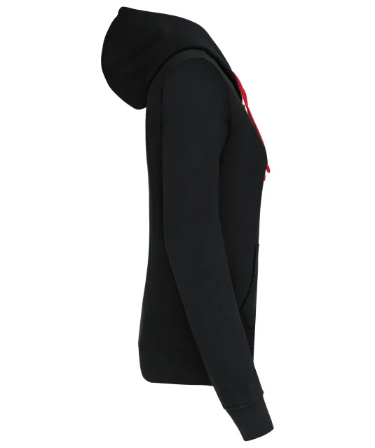 K467 - Damessweater met rits en capuchon in contrasterende kleur Black / Red